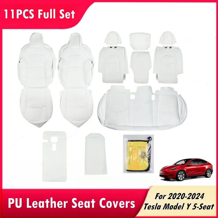 11PCS White Full Set Car Seat Covers for 2020-2024 Tesla Model Y 5-Seat Nappa PU Leather Front and Rear Seat Cushion Protector