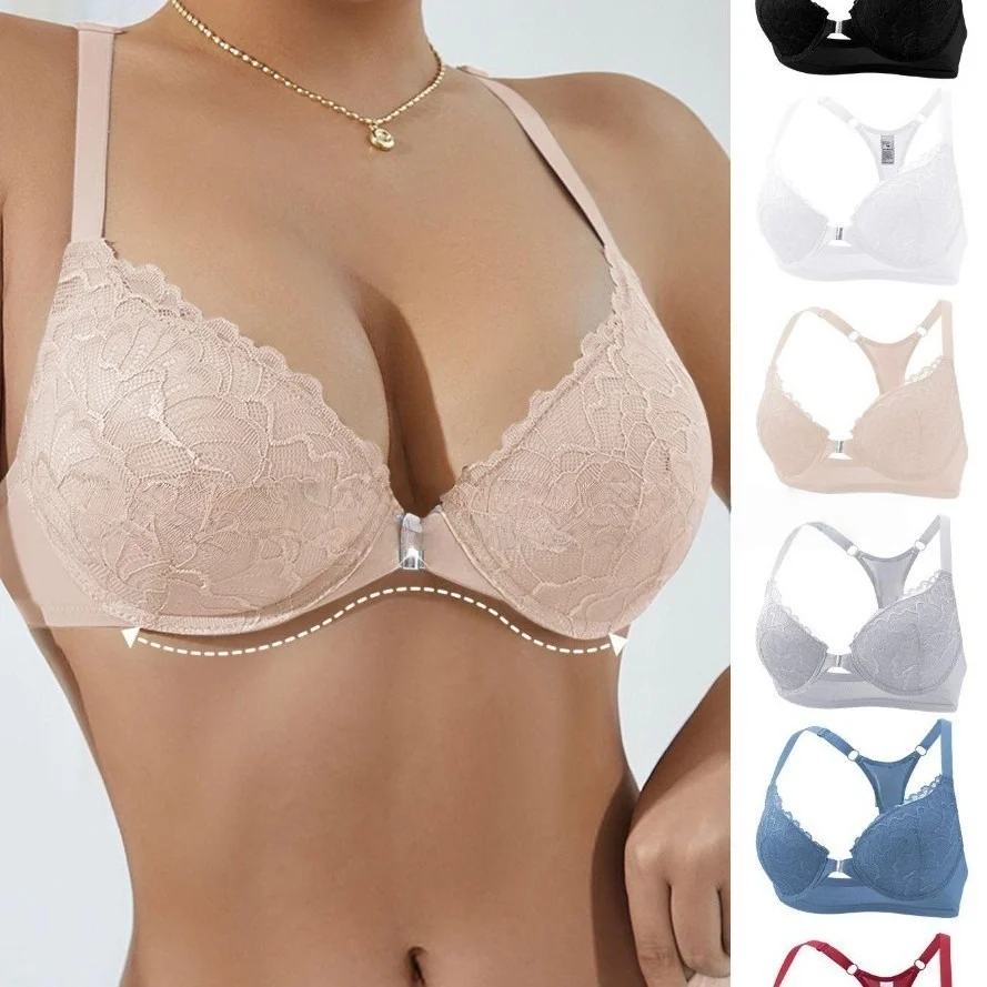 

Women's floral lace front button push-up bra, sexy deep V underwire support for small breasts push-up thin padded comfortabl