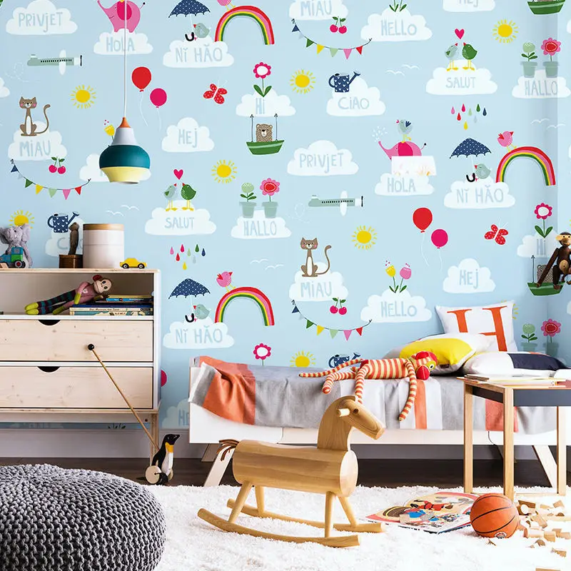 Nordic Ins Cartoon Wallpaper for Baby Boy Girls Children Bedroom Walls Non Woven Blue Pink Kid Room papel de parede infantil