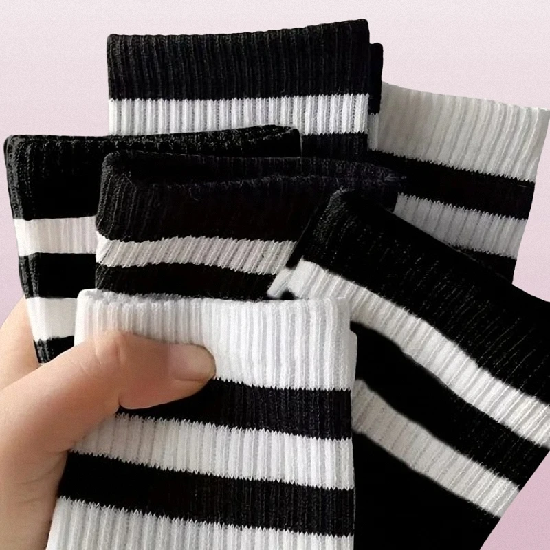 6 Pairs High-quality Mid Tube Sock Spring Autumn Simple Casual Black White Striped Socks Men\'s Breathable Round Neck Socks