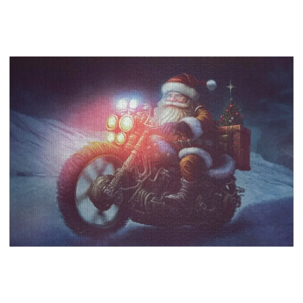 On Christmas Eve, Santa Claus Rides the Motorcycle Jigsaw Puzzle Works Of Art Custom With Photo Personalized Baby Object Puzzle