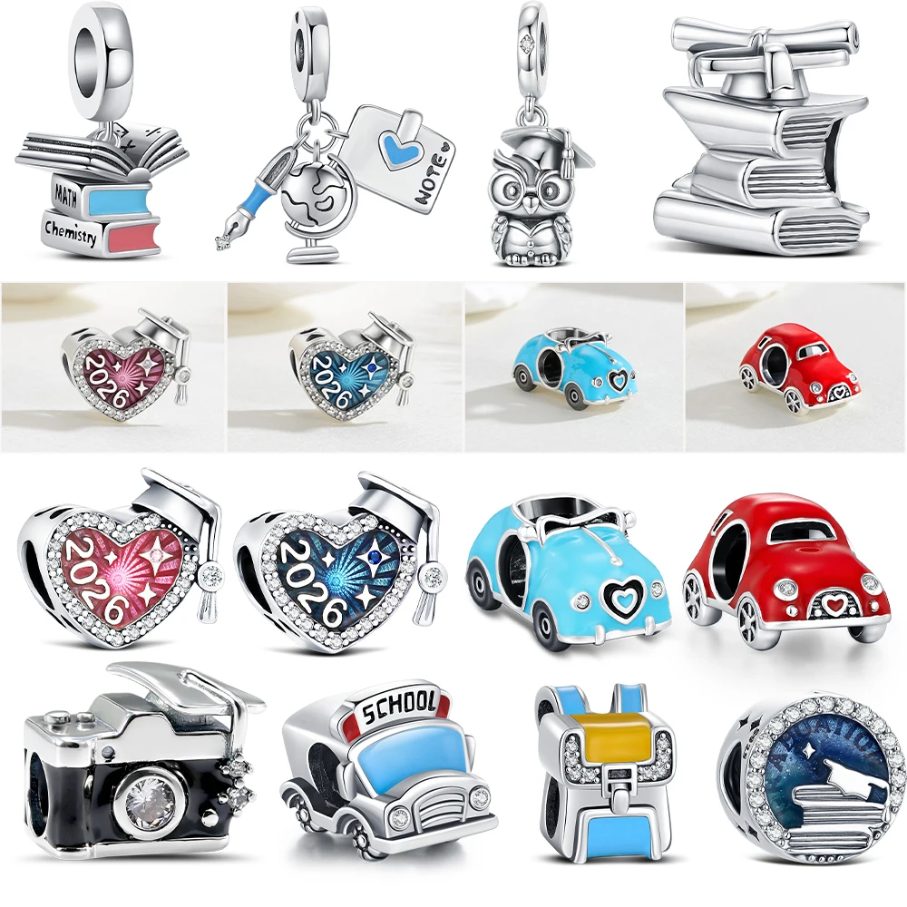 925 Sterling Silver Back To School Graduation Charms Book Car Camera Pendant Jewelry Making For Classic Bracelet Ladies DIY Gift