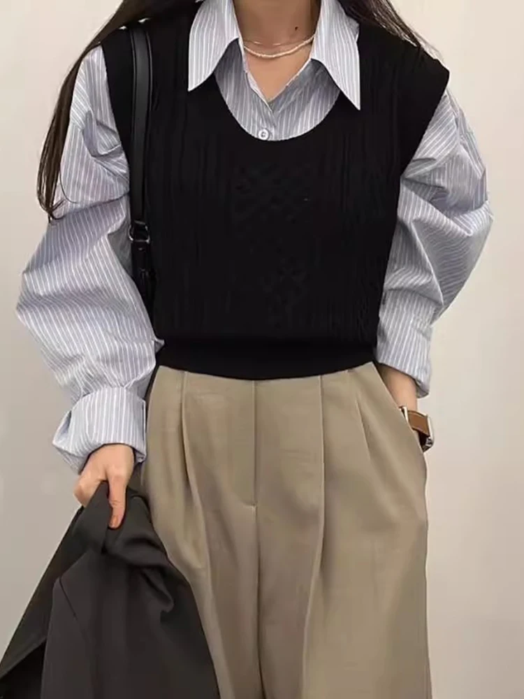 시크한 브이넥 니트 조끼 여성용 부드럽고 루즈한 캐주얼 레이어링 가을 패션 트렌디 올매치 편안한 민소매 탑