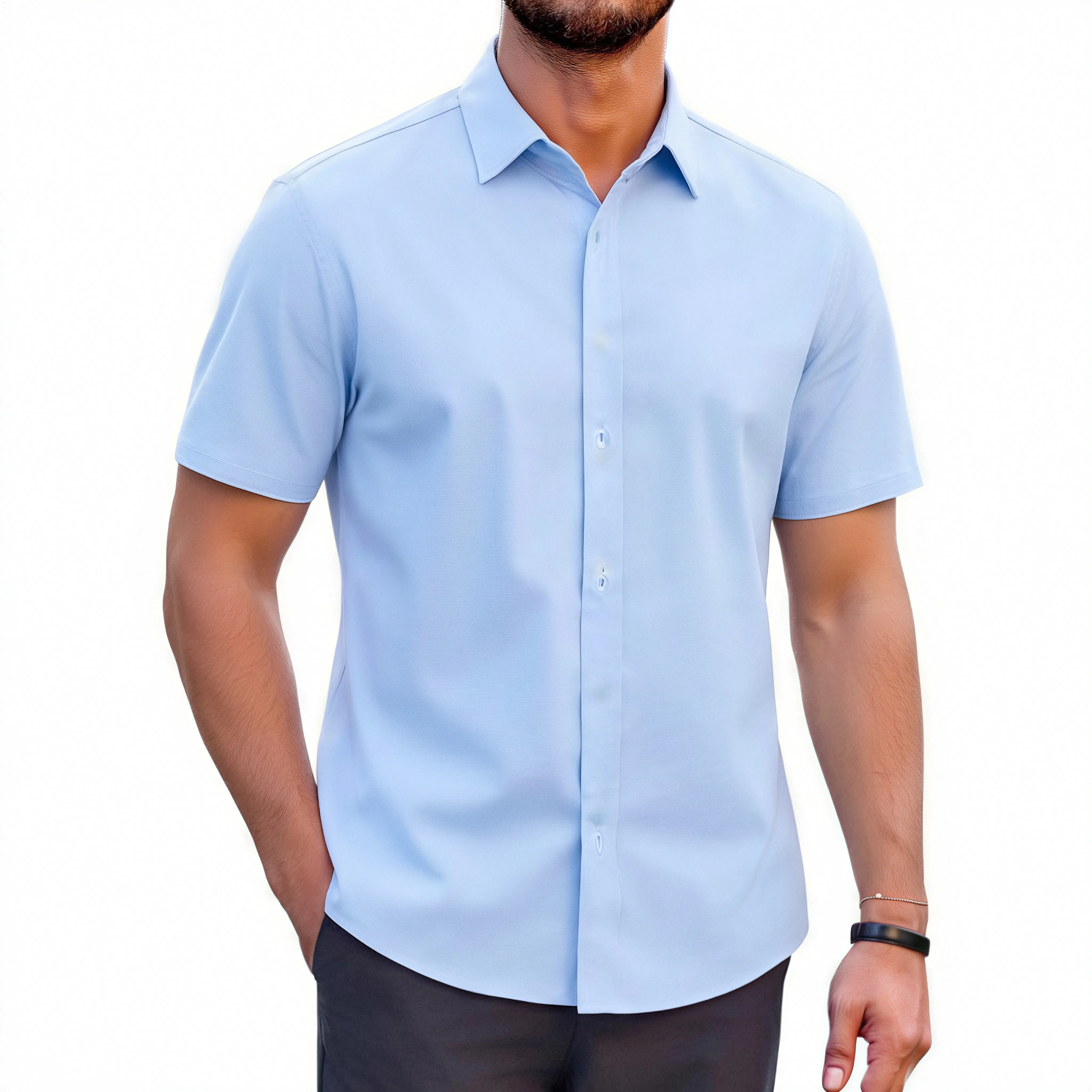 New men's short-sleeved shirt - stretch pure color shirt - suitable for summer business and casual wear, simple and versatile.