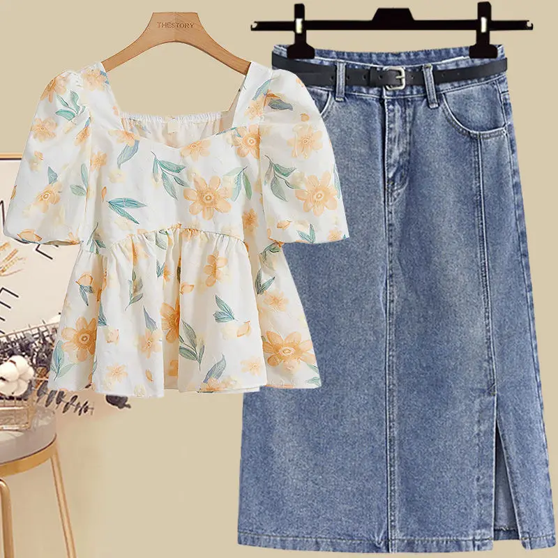 

plus Size Women's Summer Short Sleeve Top And Skirt Set Denim A-Line Midi Skirt Slimming Effect Hidden Meat Casual Commute Style