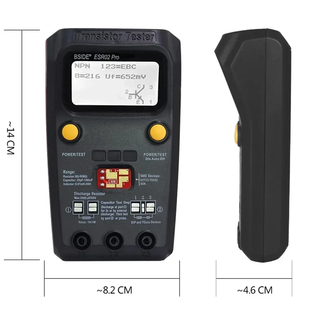 Digital Transistor Tester BSIDE ESR02 Pro for SMD Components with Automatic Pin Element Testing and Large LCD Backlight Display