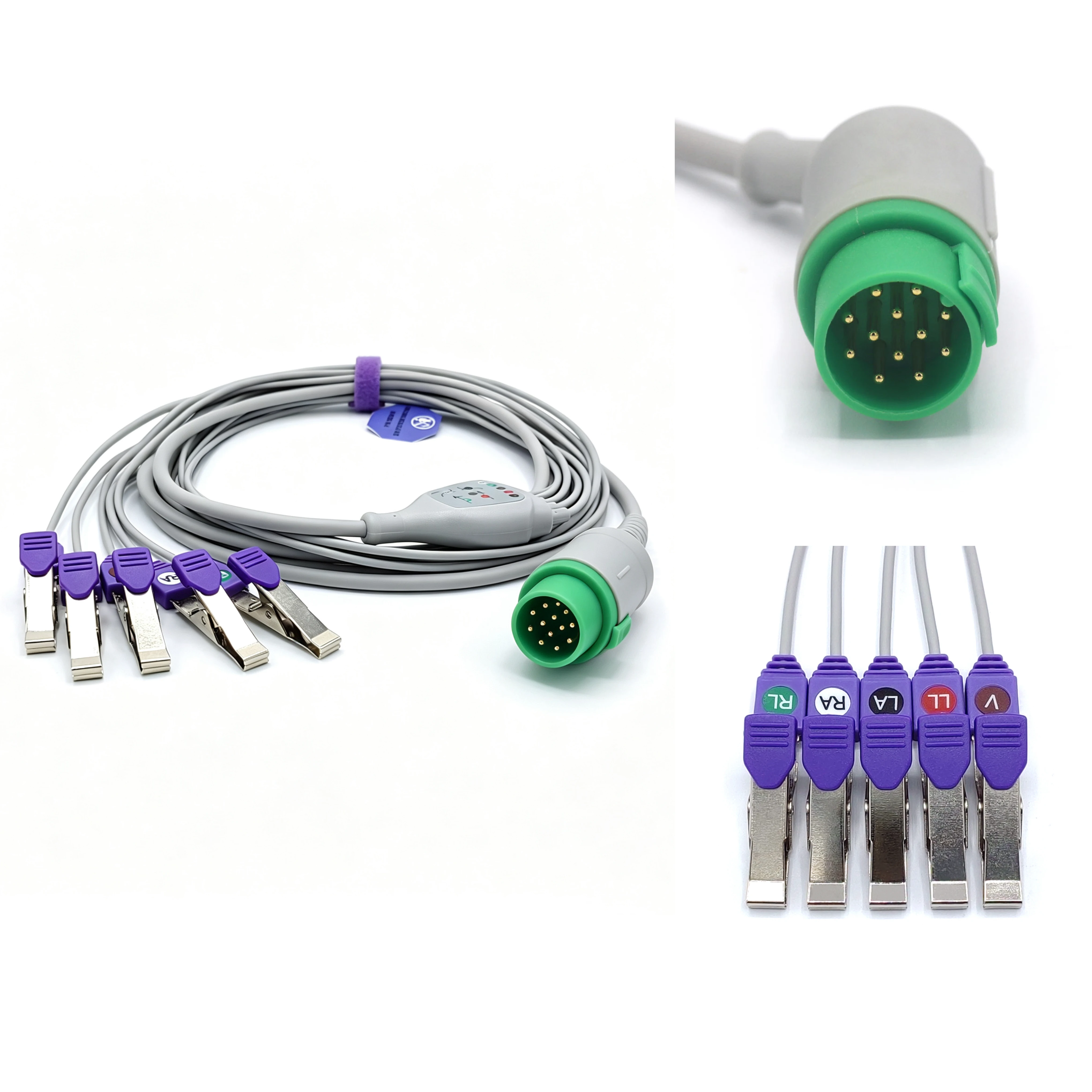 Compatible with Biolights/RWDs Veterinary  One-Piece 5 Leads ECG Cable, AHA Pinch Reusable EKG Leadwires 3.4m