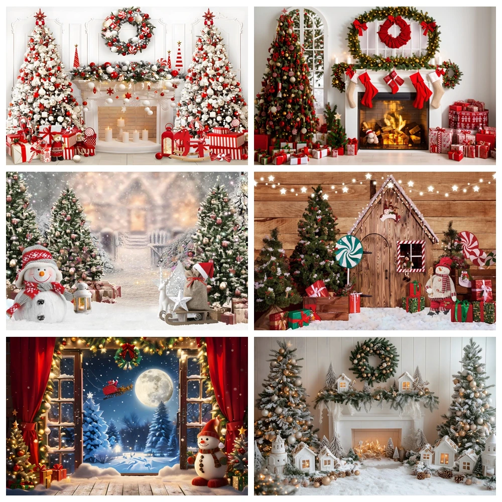 

Laeacco Old Brick Fireplace Christmas Tree Gift Teddy Bear Baby Photo Backdrop Photography Background Photocall Photo Studio