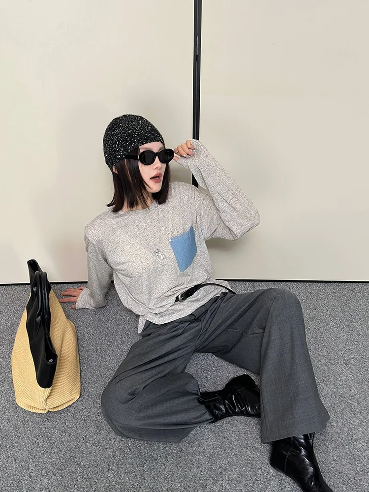 

Повседневная свободная футболка с круглым вырезом, джинсовым пэчворком, удобная для поездок на работу, универсальный топ для отдыха