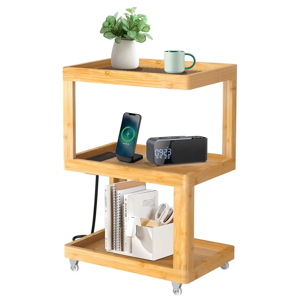 

Bamboo Bed Side Table With Charging Station, Modern Boho Bedroom Nightstand With Tempered Glass Top, S Shape 3 Tier End Table