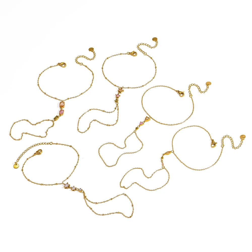 Trendy Gold Color Stainless Steel Zircon Finger Bracelet Waterproof Back of Hand Chain Jewelry Wholesale Gift