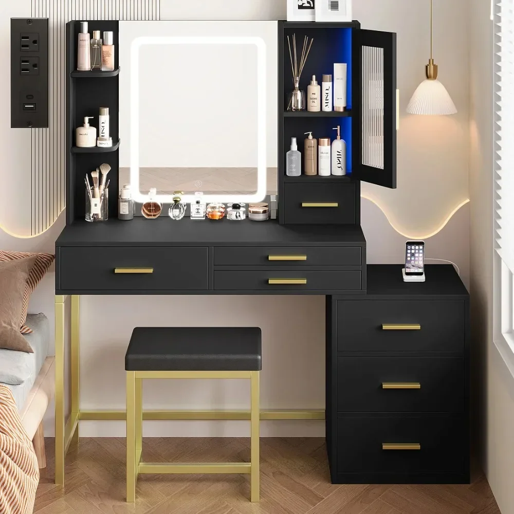 

47" Large Vanity Set with Mirror, UHOMEPRO Lighted Makeup Vanity Desk with Power Outlet, 7 Drawers, LED Storage Cabinet