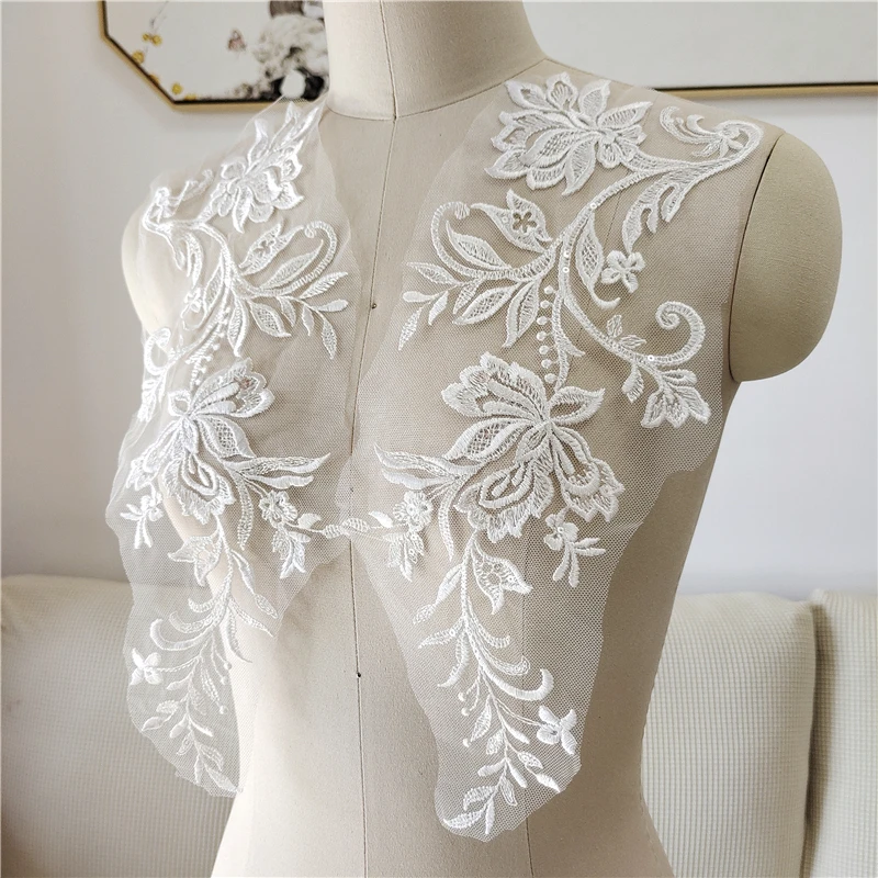 Flower Embroidery Sticker for DIY Decoration, Lace Cloth Applique, Off White, Skirt, Hem, Handmade, 15x37cm, 1 Pairs