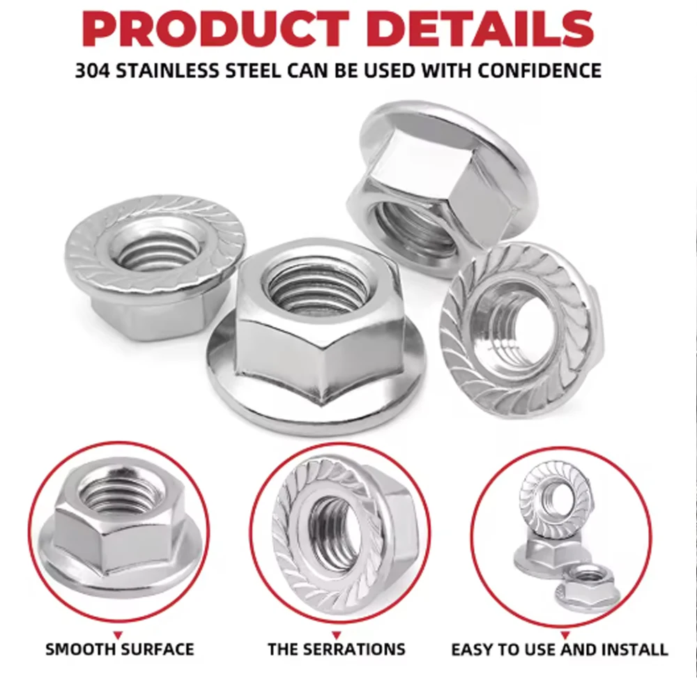 110pcs 304 Stainless Steel M3-M8 Hex Flange Nuts Assortment kit M3 M4 M5 M6 M8 Flange Nut Hex Hexagon Serrated Spinlock Lock