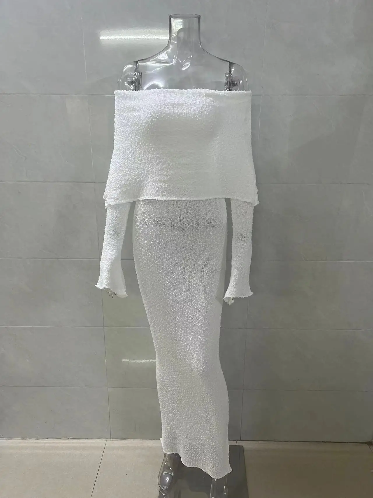 2026 New Style Knitted One-Shoulder See-Through Beachwear Cover Up Women's Beach Vacation Sunscreen Dress Elegant Long Dress