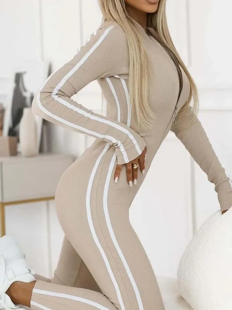 Slimfitting Longsved Jumpsuit for Women High Waist Zipper Long Sve ly Faion Polyester Pantsuit Versatile mid Waist