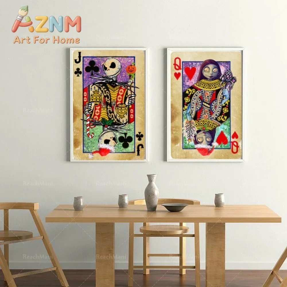 Jack and Sally Poker Card Canvas Wall Art,Nightmare Before Christmas Retro Playing Card Print,Gothic Halloween Art for Room Deco
