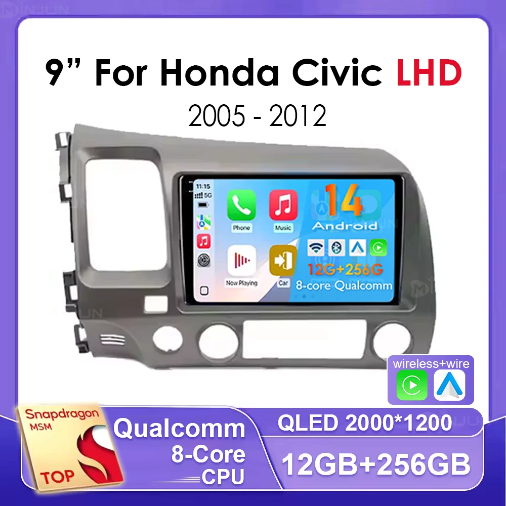 

Android 14 Car Carplay Stereo Radio For Honda Civic 8 LHD 2005 - 2012 Qualcomm Multimedia Player Navigation GPS 4G Audio Stereo