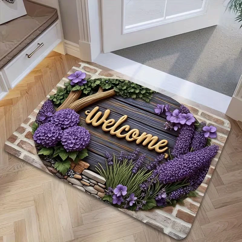 2D Visual Purple Hydrangea Lavender Welcome Doormat Brick Wood Print Soft Entrance Rug Indoor Outdoor Elegant Front Door Mat