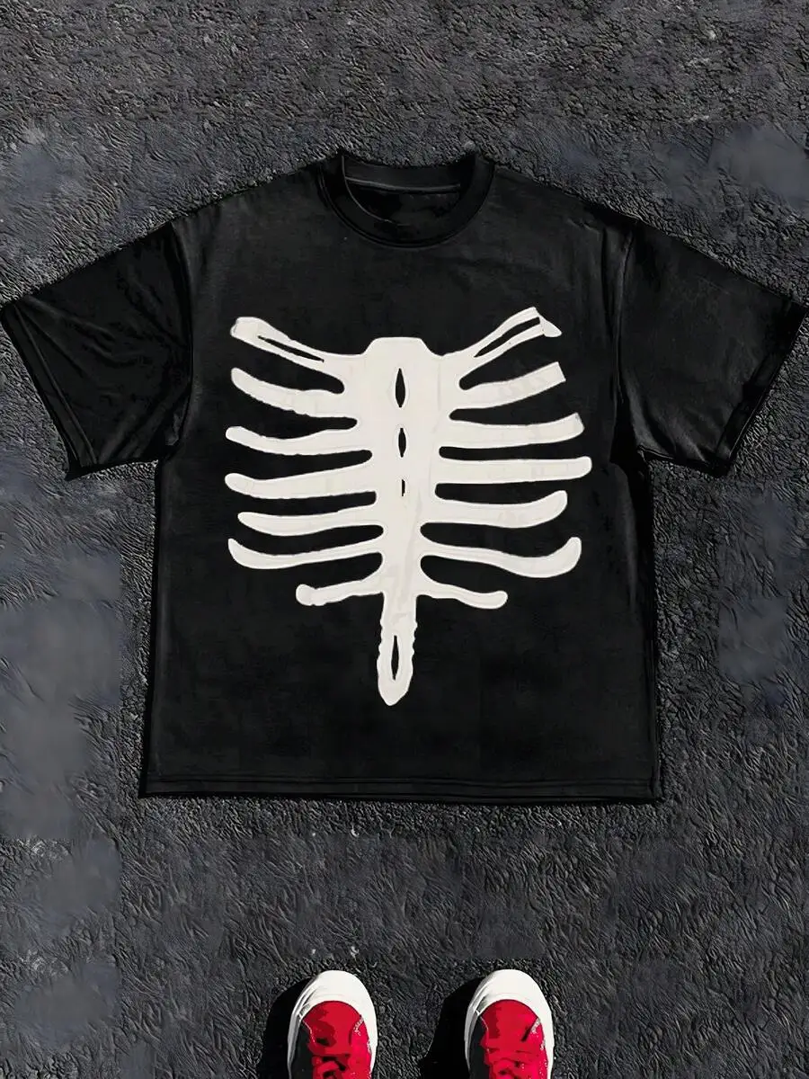 1Pcs Men's Casual Undershirt Tops 100% Cotton 220g Heavy T Shirt Ribcage Graphic Digital Print T-Shirt,Summer,Summer