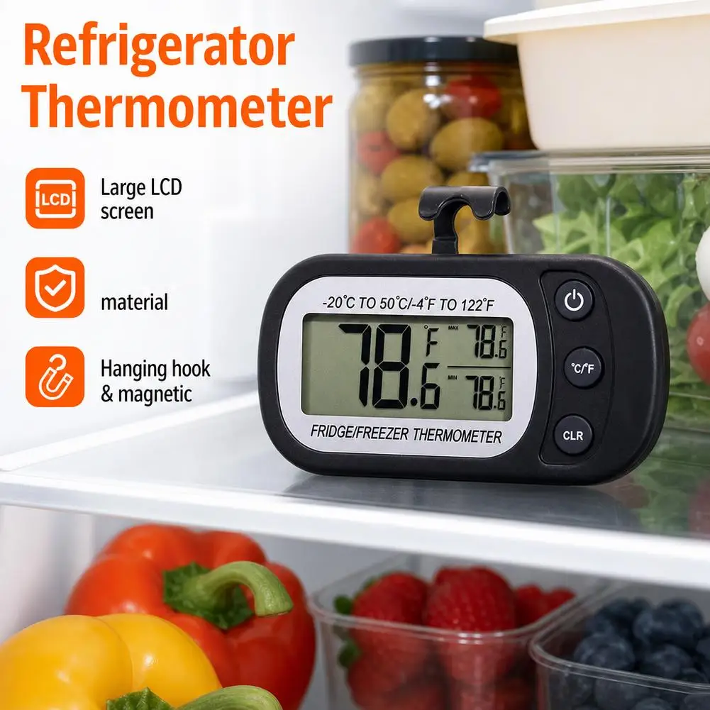 Digital Freezer Room Thermometer Large LCD Waterproof Refrigerator Thermometer Magnetic Back& Hook For Kitchen Home Restaurant ﻿