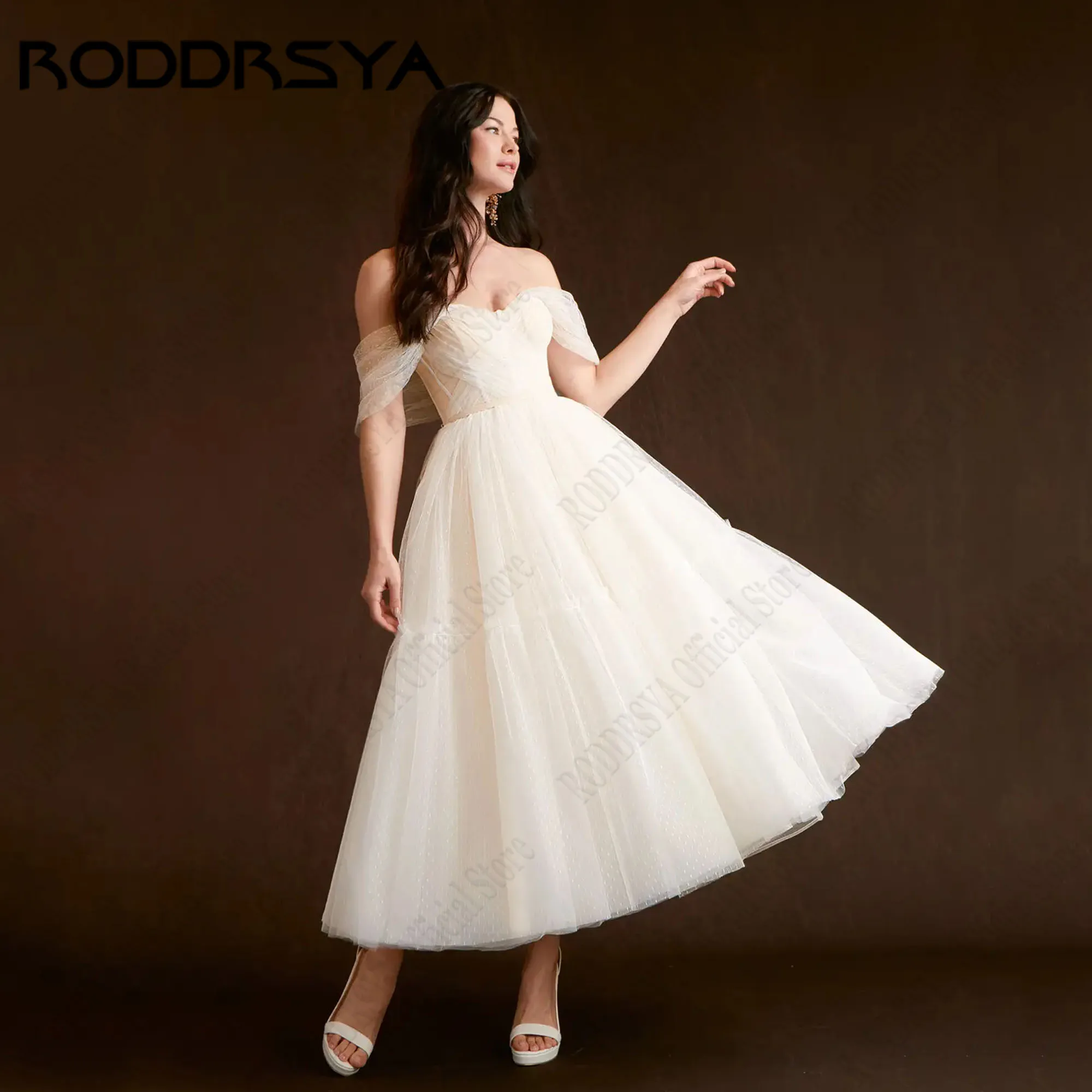 

RODDRSYA Sweetheart Off Shoulder Dresses For Bride A-Line Tulle Illusion Wedding Gowns Tea-Length vestidos para mujer Customized