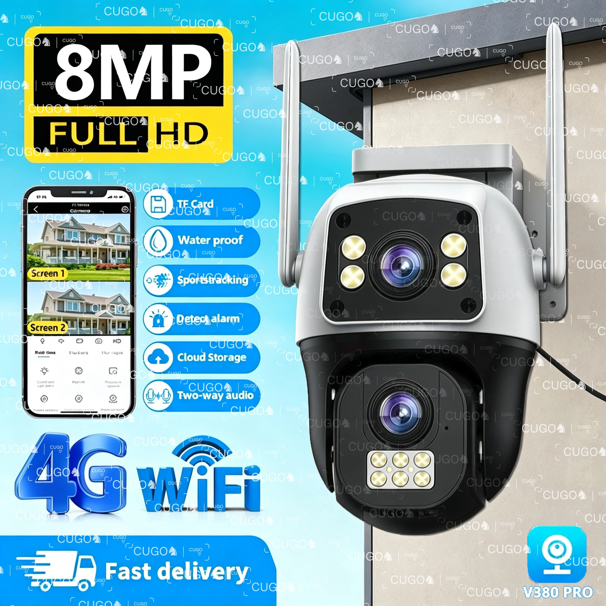 Security Protection 8MP 4G Sim Card Camera Dual Lens Dual Screen Wireless WiFi Outdoor Surveillance PTZ Auto Track IP HD Camera