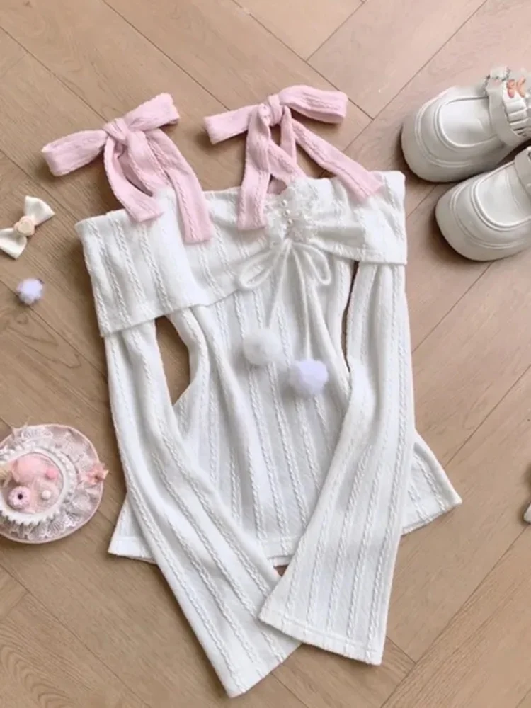 Słodki, wiązany na szyi, odkryty dekolt, długi rękaw, damski top i wysoka talia, wyszczuplająca spódnica, dwuczęściowy zestaw na jesień.