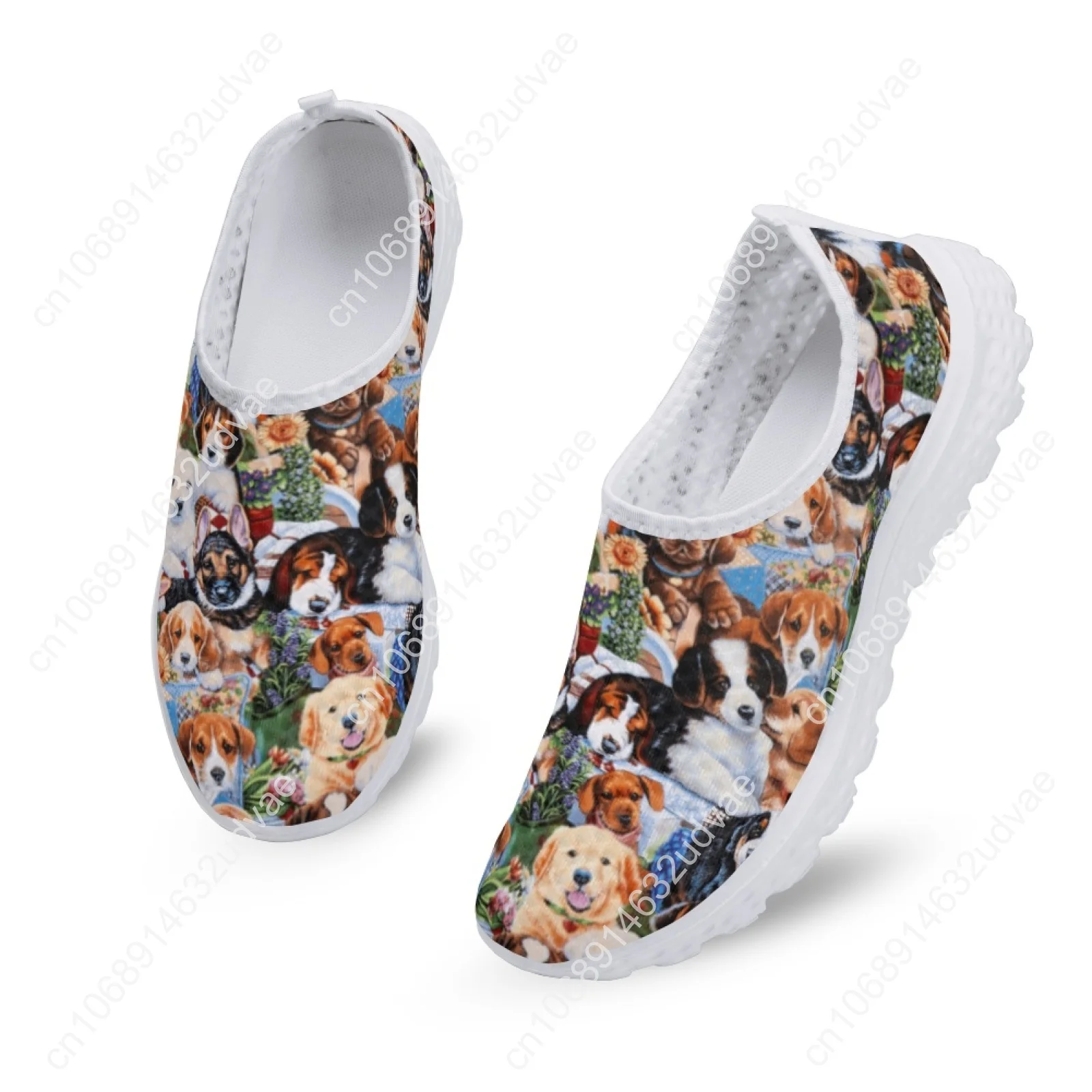 Zapatillas de deporte de malla transpirable para mujer, zapatos planos con estampado de pintura de perros lindos, mocasines suaves sin cordones de verano