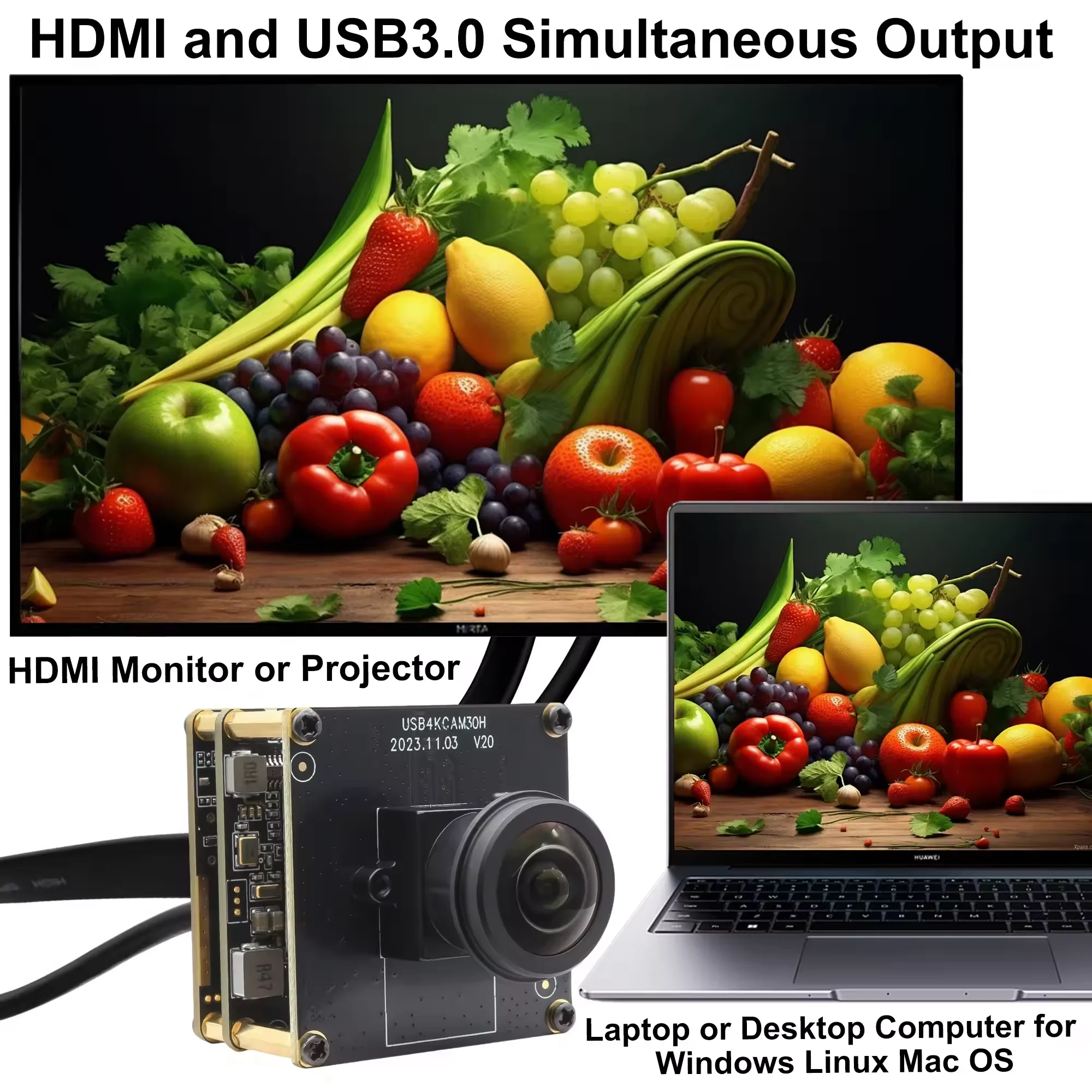 ELP 4K 60fps HDMI USB3.0 Camera Module Wide Angle Fisheye Lens Webcam H.264 2X Digital Zoom Camera for Industrial Machine Vision