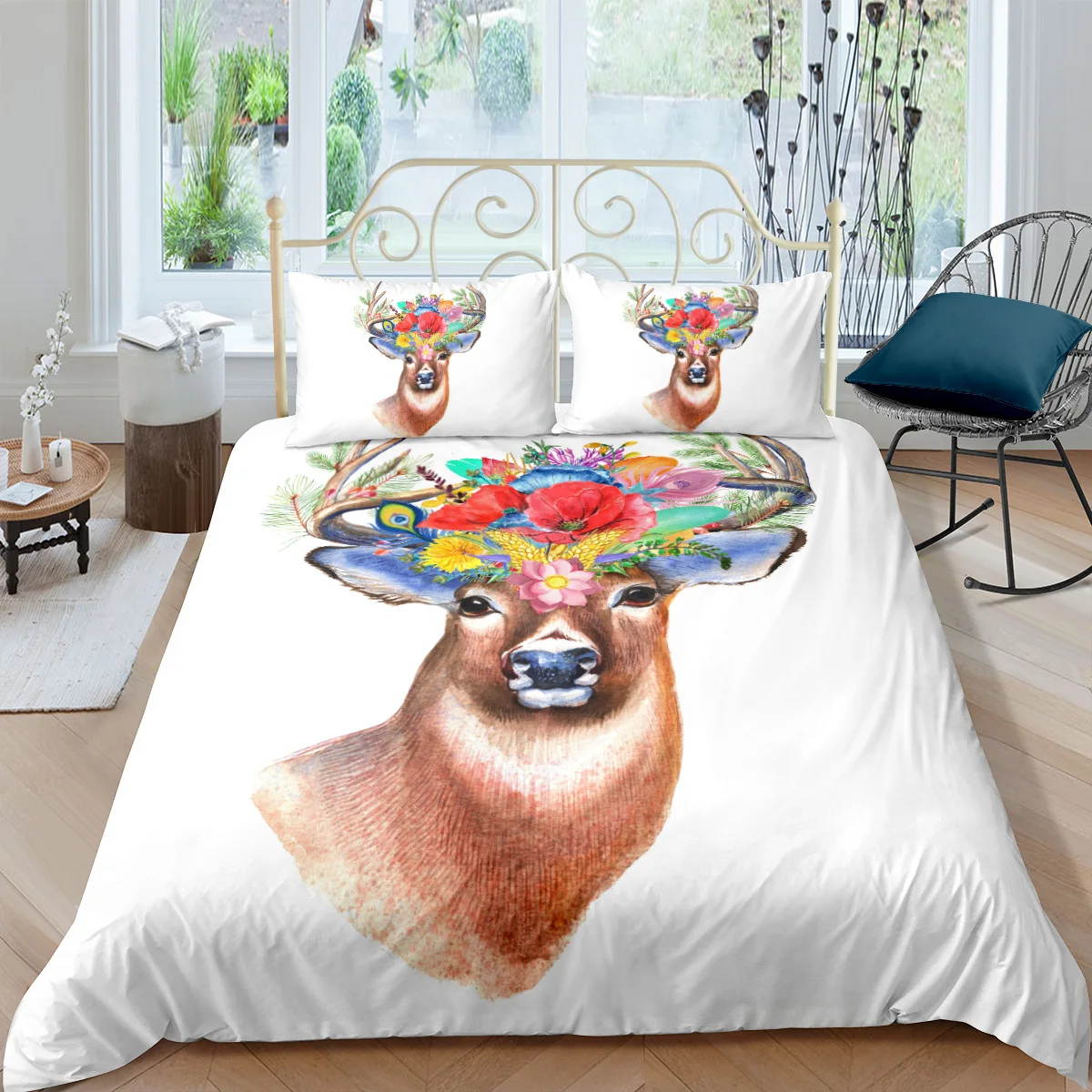 Deer Duvet Cover King/Queen Size,wildlife Bucks Fire Pattern Print Bedding Set for Teens Adults Men,Brown Elk Animal Quilt Cover