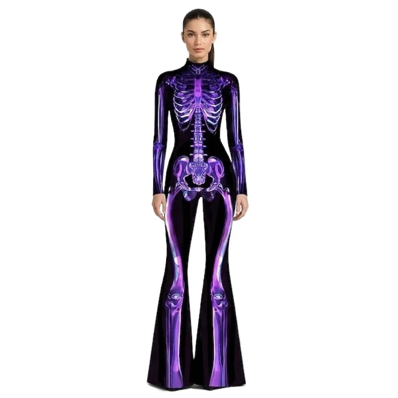 Damen Fluoreszierender Skelett-Print Jumpsuit mit hohem Kragen, langen Ärmeln, ausgestellter Hose, Bodysuit, Halloween-Cosplay-Kostüm, schmales Party-Outfit