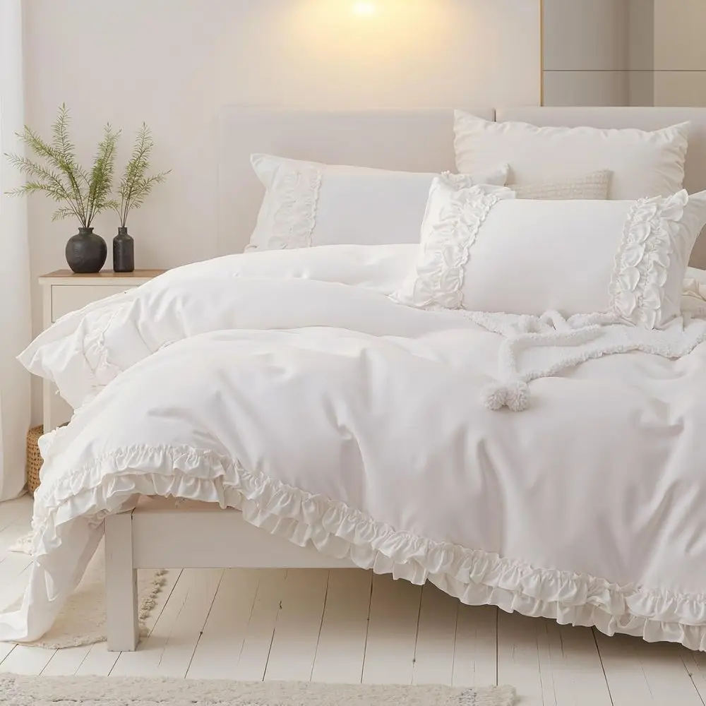 مجموعة غطاء لحاف مكشكش من القطن بحجم كوين - سرير أبيض أنيق على طراز المزرعة مع لحاف لطيف