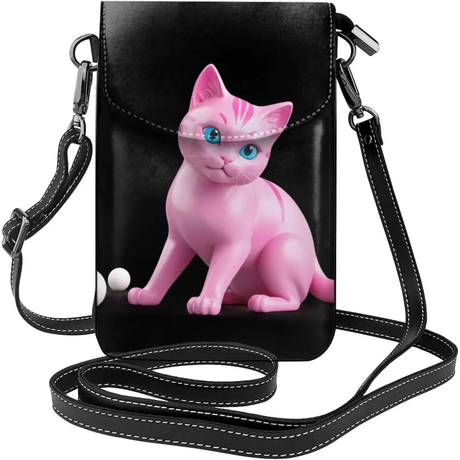 

Pink ceramic cat printing Ladies' mobile phone with leather foreskin, crossbody flip cover, small adjustable shoulder strap