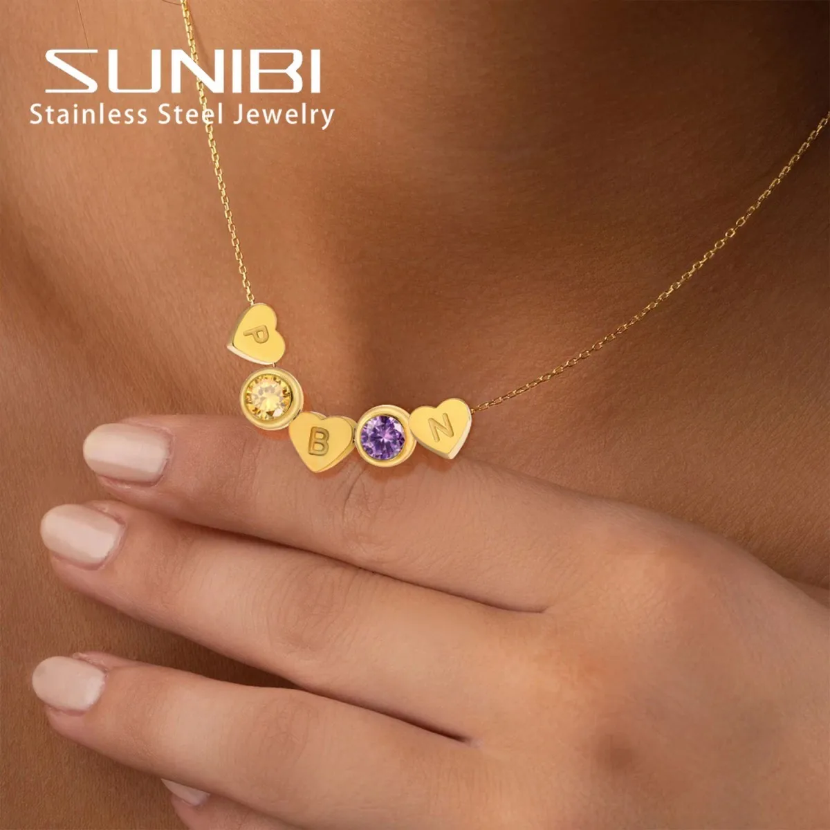 SUNIBI 여성용 심플 26 알파벳 탄생석 목걸이, 맞춤형 하트 모양 알파벳 목걸이, 패션 선물 주얼리