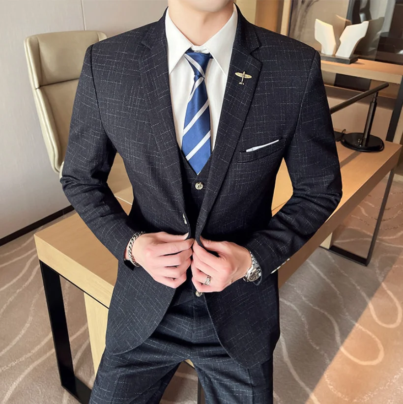 طقم بدلة راقية، طقم مكون من ثلاث قطع للرجال، بدلة رسمية احترافية للأعمال، أفضل رجل، العريس، فستان زفاف