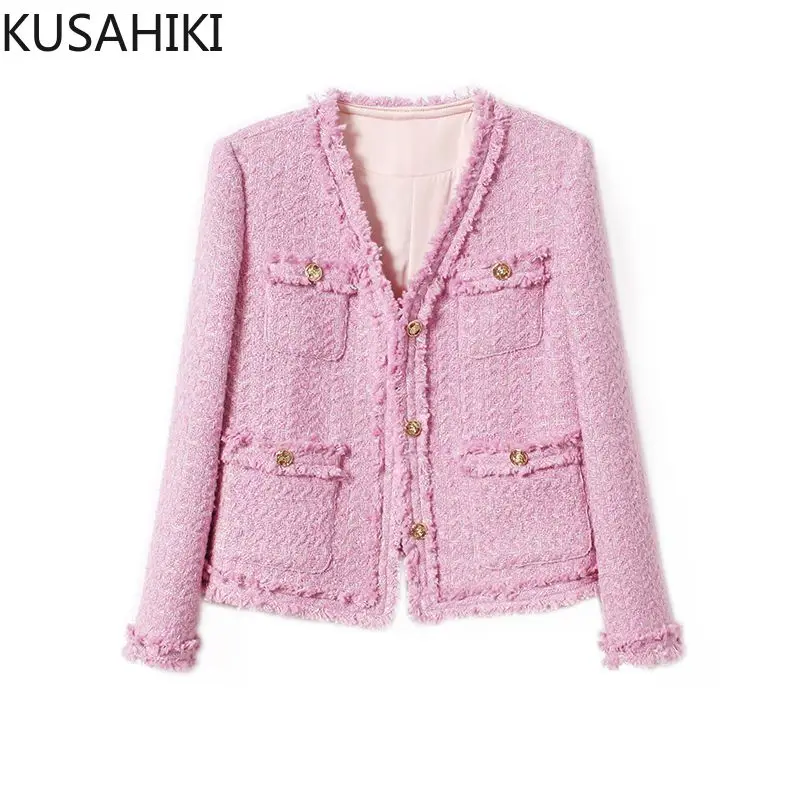 KUSAHIKI Sweet Korean Style V-neck Tassel Woven Slimming Short Jacket Fashion Versatile Commuting Top 2024 Autumn New Coat