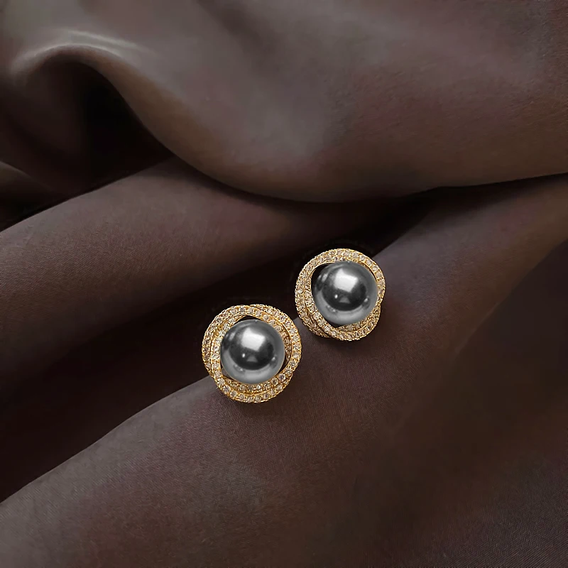 Advanced Design Micro Inlaid Zircon Spiral Grey Pearl Earrings 2025 Halloween Fashion Jewelry For Women‘s Party Ear Accessories