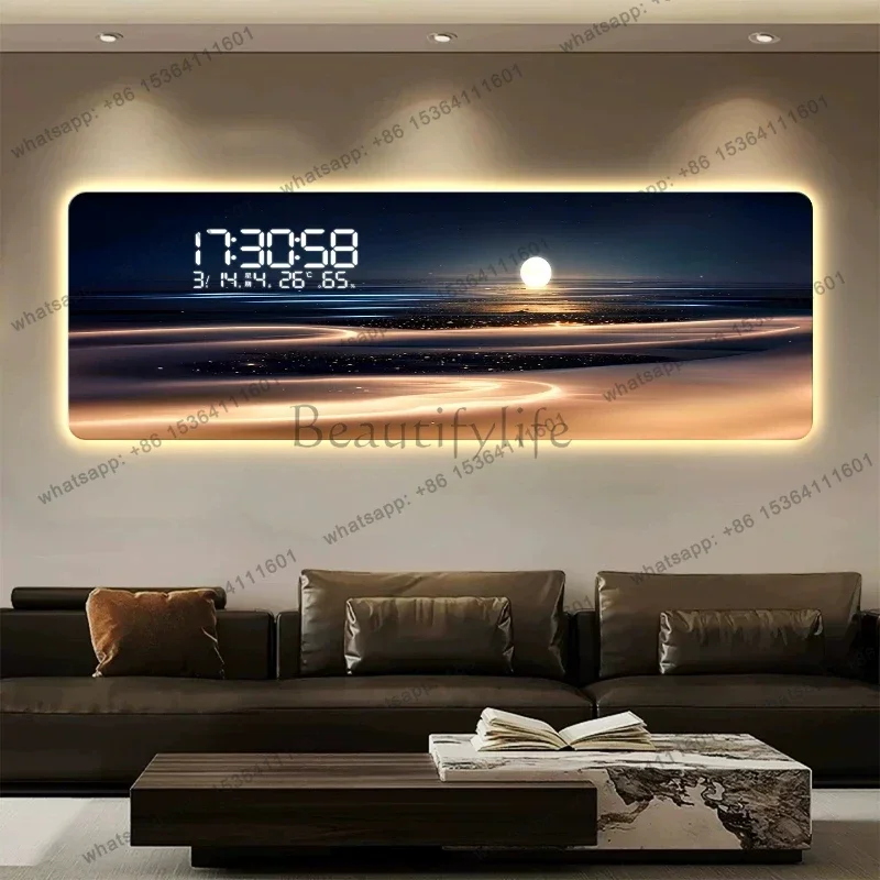 YJ Art Mural Big Size Wall Clocks Modern Light Luxury Sea Night View Living Room Decorative Painting Electronic Screen Wall Cloc