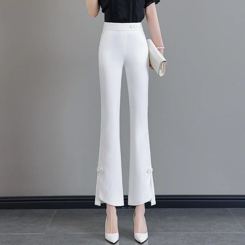 

New Chinese Style National Style White Pants Versatile Autumn Small Size High Waist Simple Split Nine-Point Flared Pants