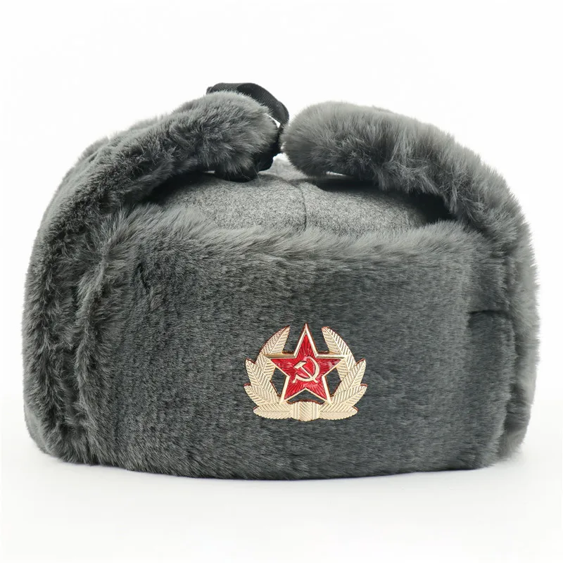 Soviet Army Military Badge Russia Ushanka Bomber Hats Pilot Trapper trooper Hat Winter Faux Rabbit Fur Earflap Men Snow Caps