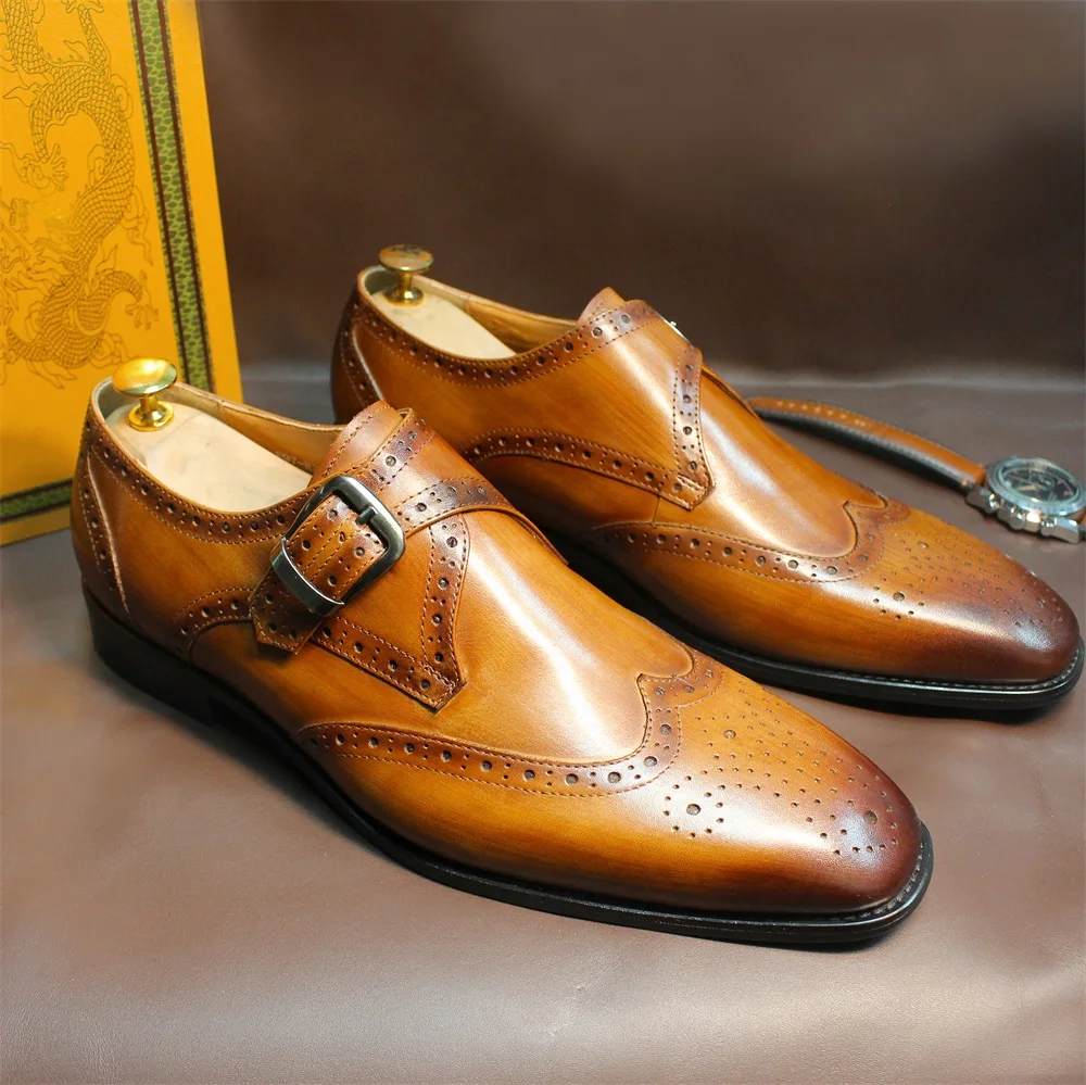 Luxuriöse Herren-Loafer aus echtem Leder mit spitzer Zehenpartie und Schnalle, rahmengenähte braune und schwarze Büro-Formalkleiderschuhe für Herren – Detail 5