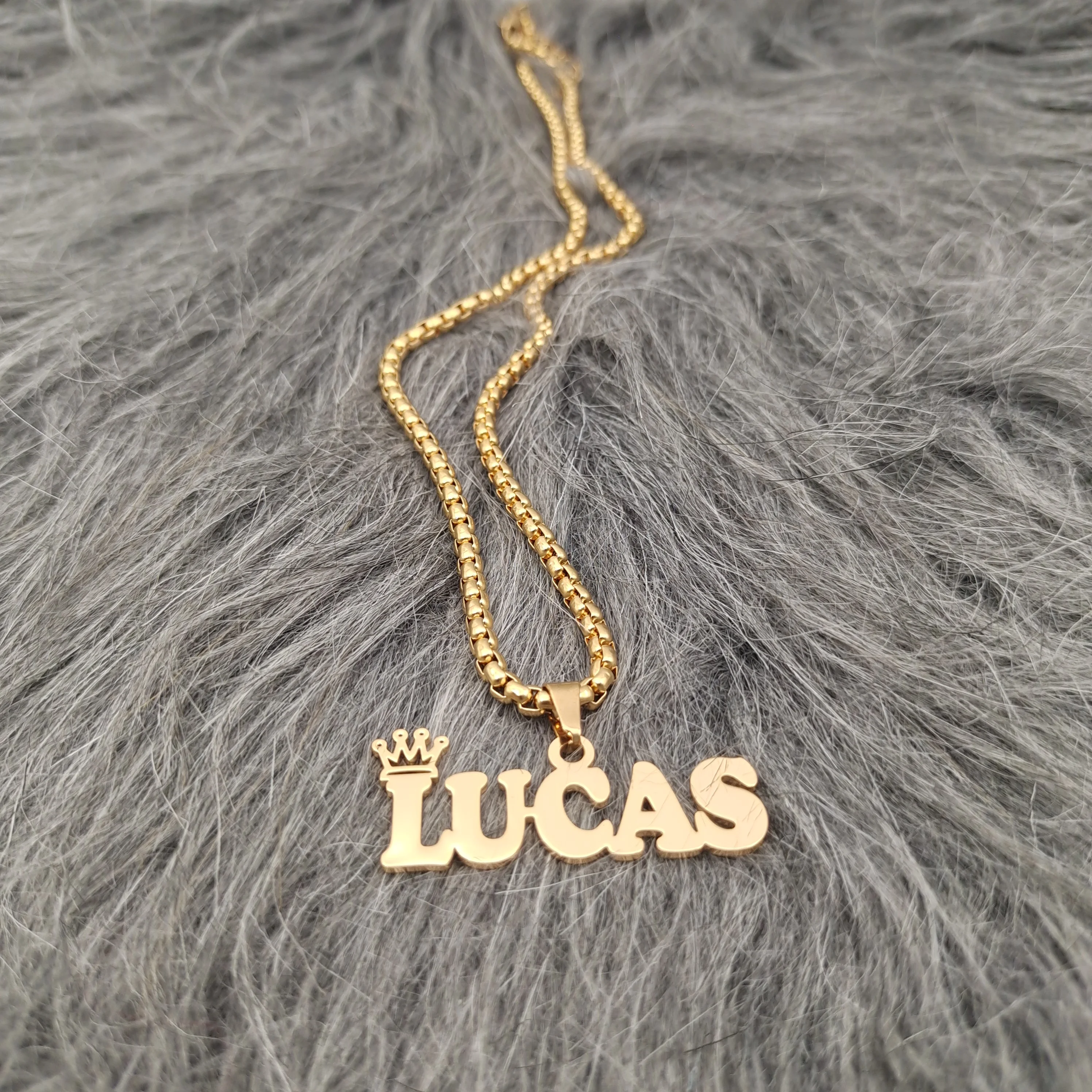 

Custom Name Pendant with Crown Stainless Steel Thick Bold Box Chain Gold Personalized Nameplate Necklace Birthday Gift for Girl