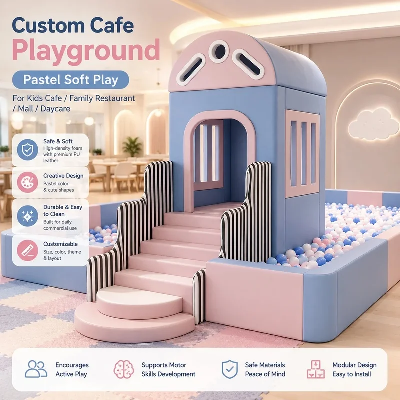 Pastel Kids  Cafe Playground Indoor Play Equipment with with Rotary Slide Ball Pit for Shopping Mall Climbing Area Playhouse