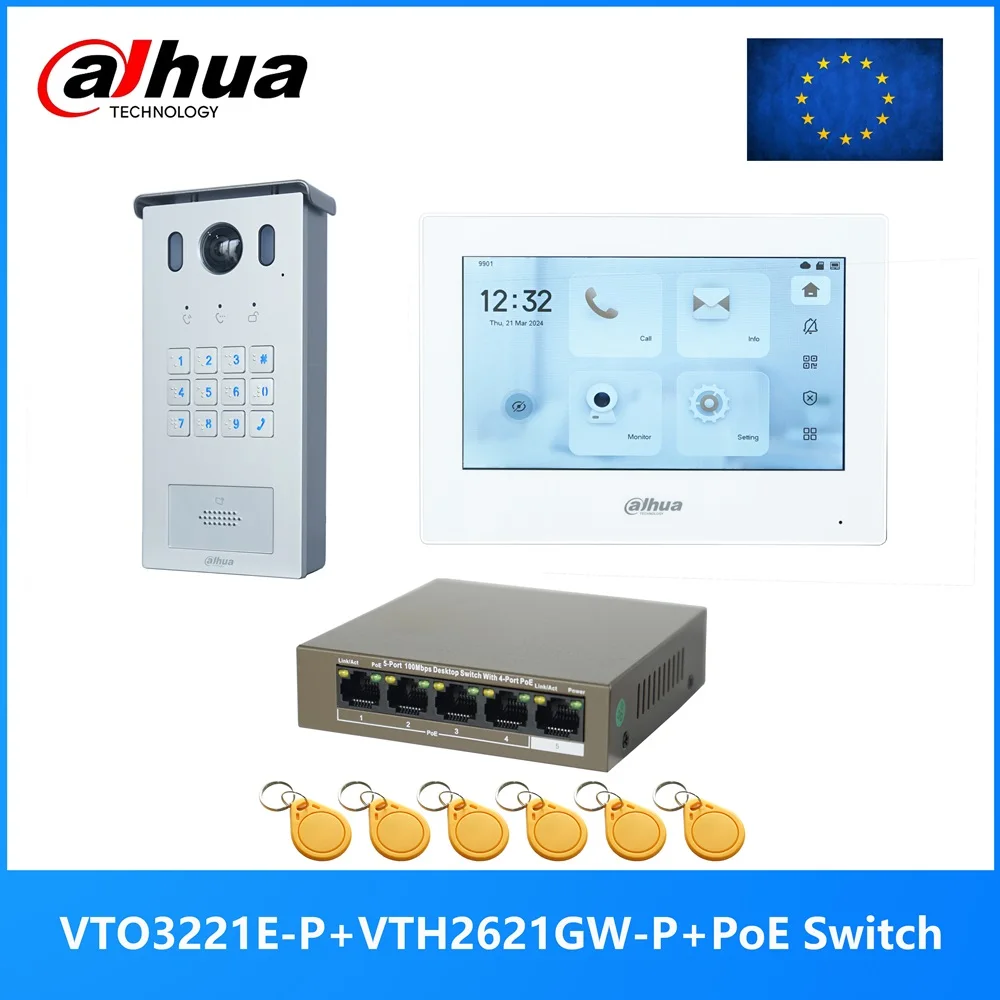 Dahua Multi-Language IP Video Intercom KIT,VTO3221E-P & VTH2621GW-P & PoE switch,support SIP, Password code unlock