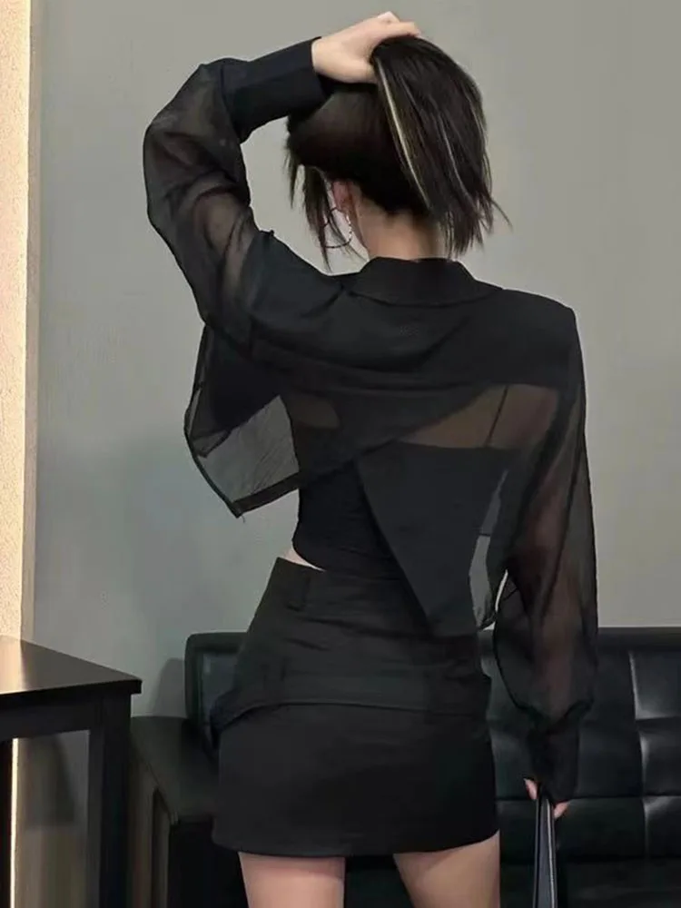 

Женские блейзеры, прозрачные укороченные топы, лоскутные сетчатые рубашки с длинными рукавами, солнцезащитные дышащие рубашки для фитнеса, модные рубашки в корейском стиле