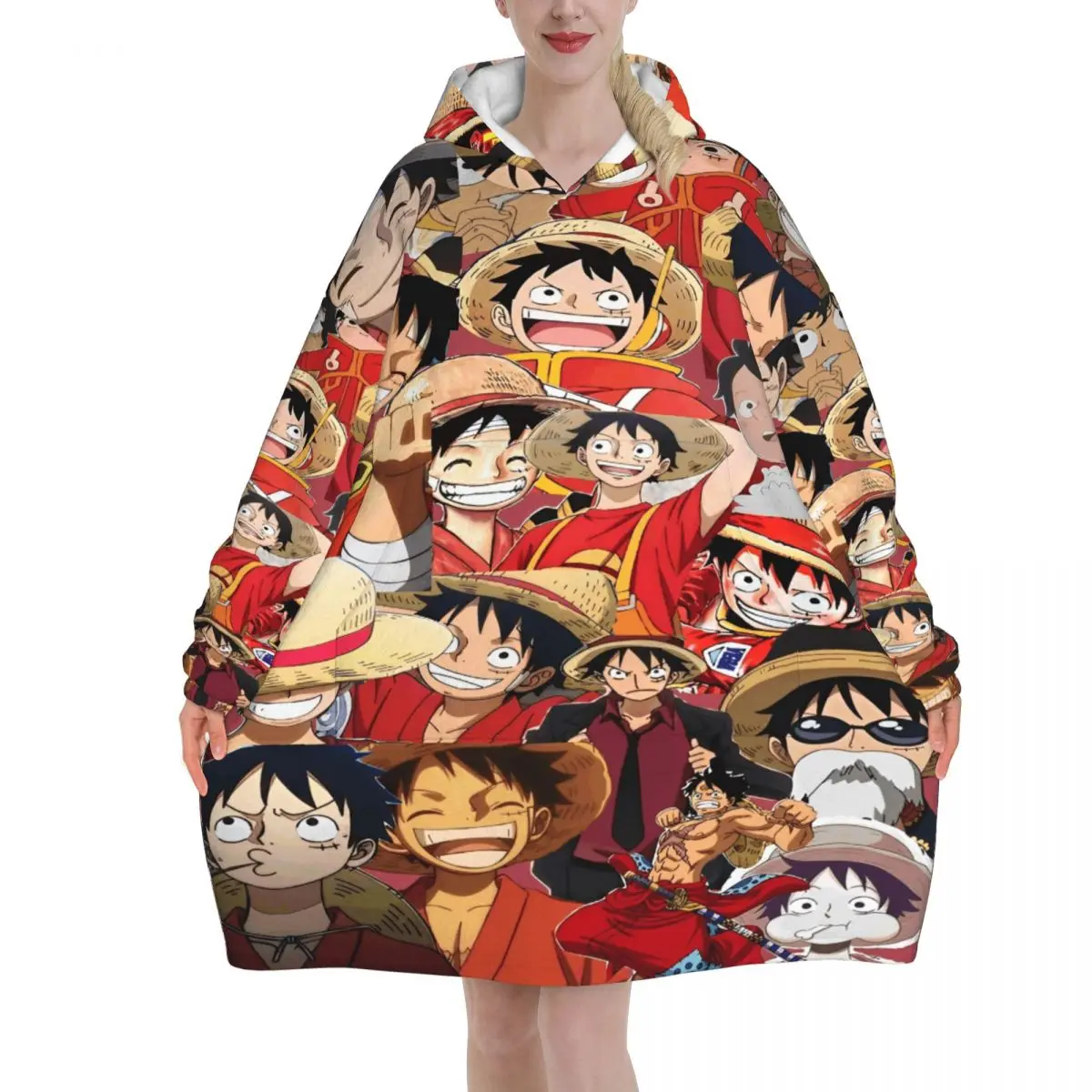 Oversized One Piece Anime Manga Luffy Wearable Deken Cadeaus voor Vrouwen Mannen Ultrasoft Pluche Warm Sweatshirt Dekens Met Zak