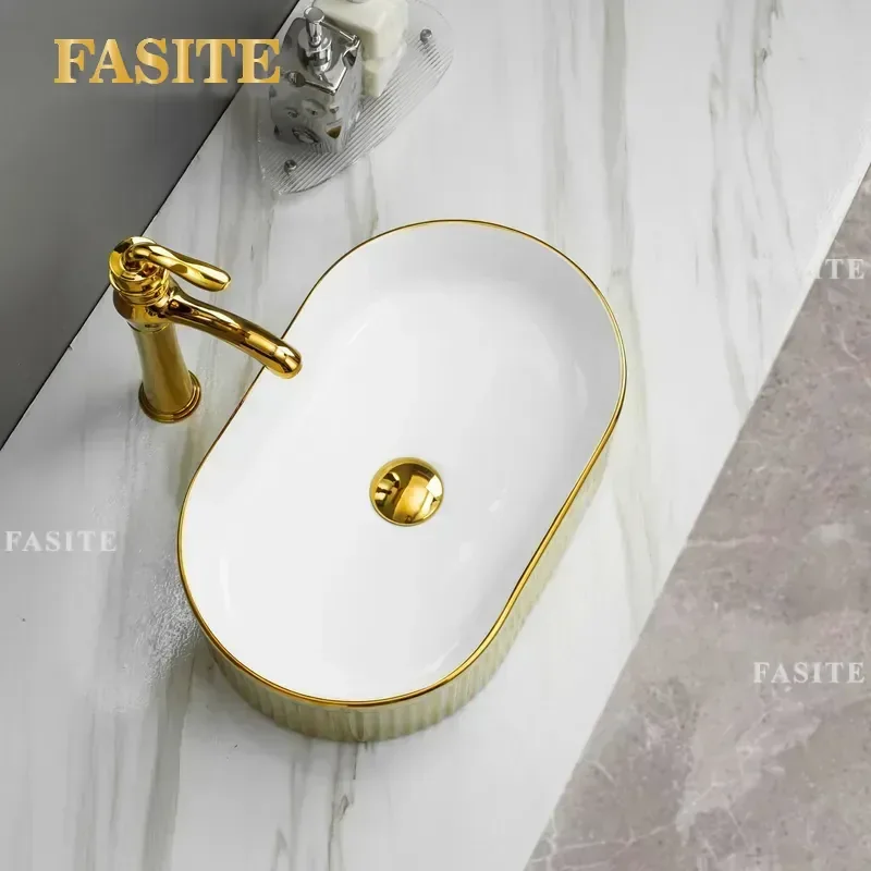 For Bathroom Customized Ceramic Art Basin Electroplated Gold Table Wash Basin with Faucet Modern Vanity Cross Border Style