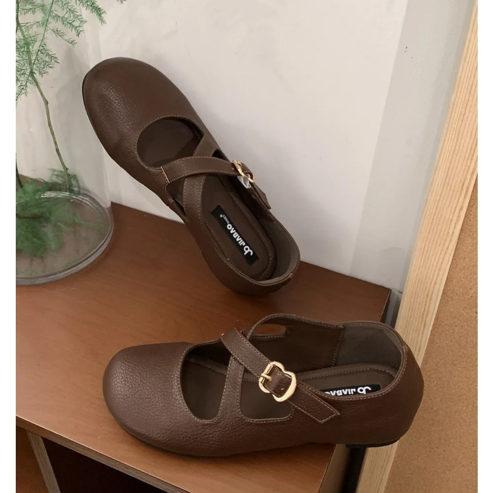 Retro French-style High-heel Cross-stitch Mary Jane Shoes Women Single Shoe New Style Shallow Toe Ballet Shoes Zapatilla Mujer