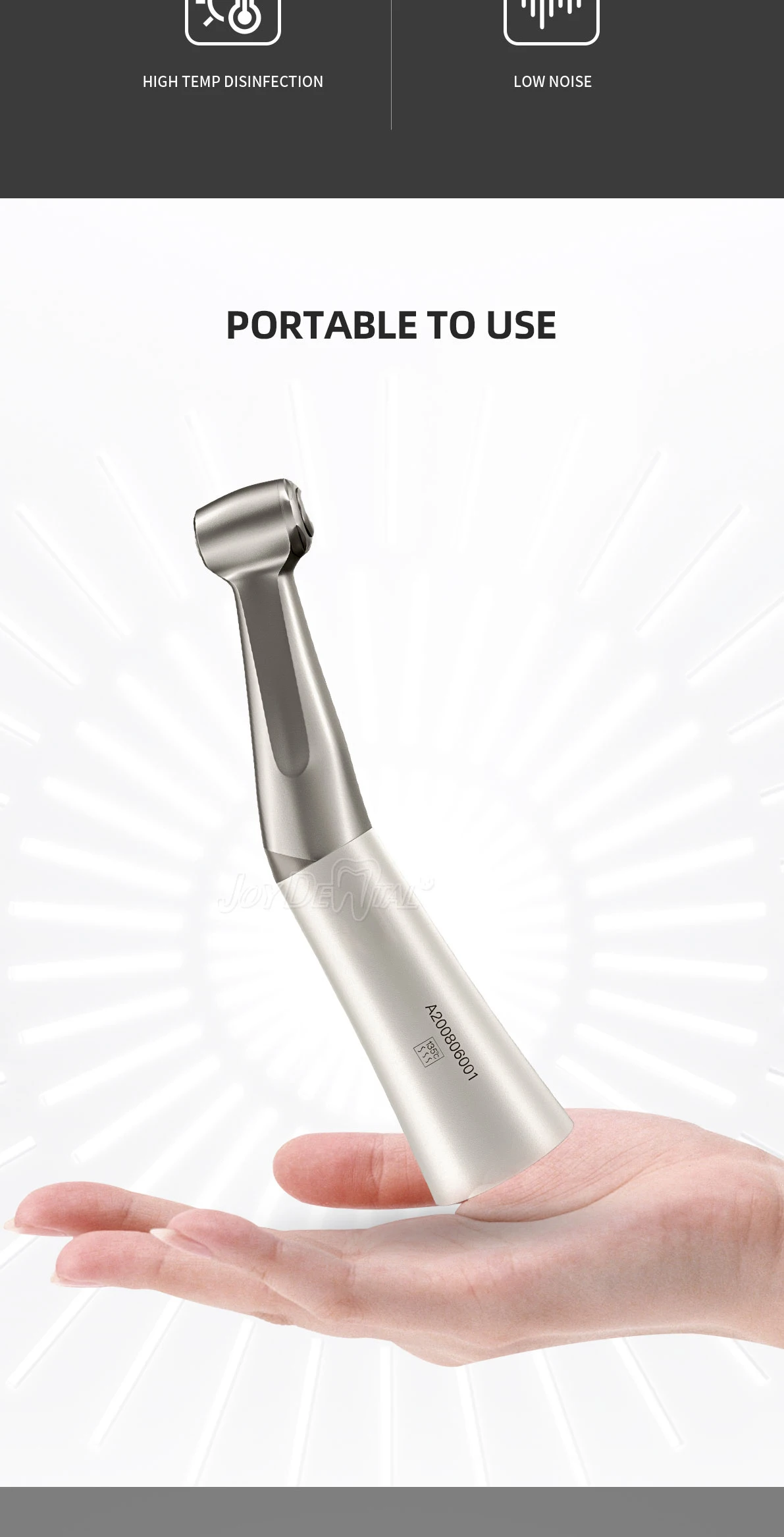 1 Stück JOY DENTAL Niedrigdrehzahl-Handstück 1:1 Winkelstück für ø2,35mm CA-Bohrer Druckknopf Gerader Nasenkegel Luftmotor 2/4 Löcher – Detail 5